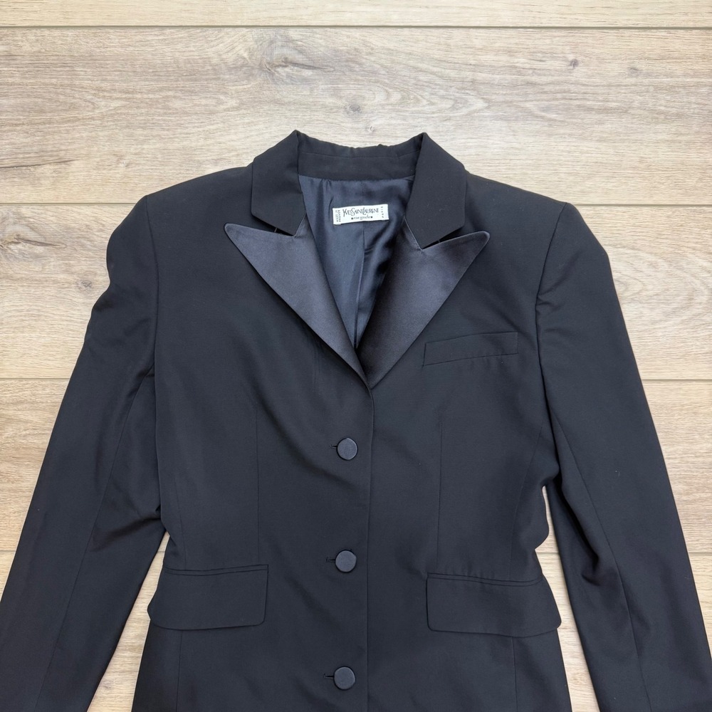 Vintage YSL Rive Gauche Black Wool Silk Long Tuxedo Coat Le Smoking Jacket 36 - Picture 4 of 16